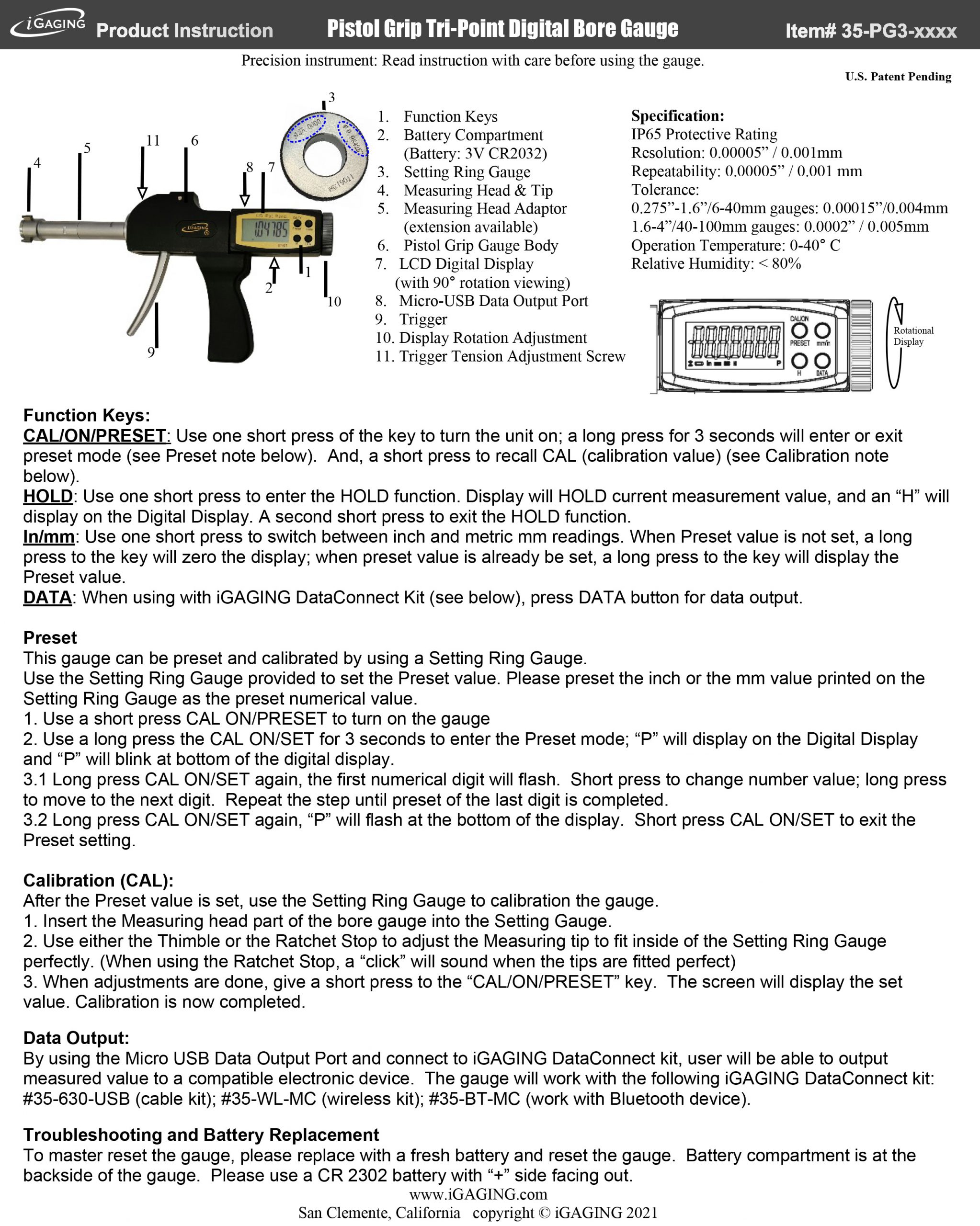Tri Point Pistol Grip Internal Micrometer 0.35-.0425"/8-10mm